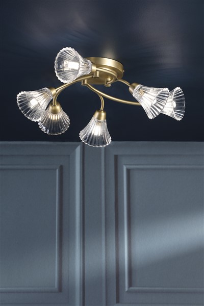 (image for) Laura Ashley Lanton 6 Light Semi-Flush Matt Antique Brass and Ribbed Glass